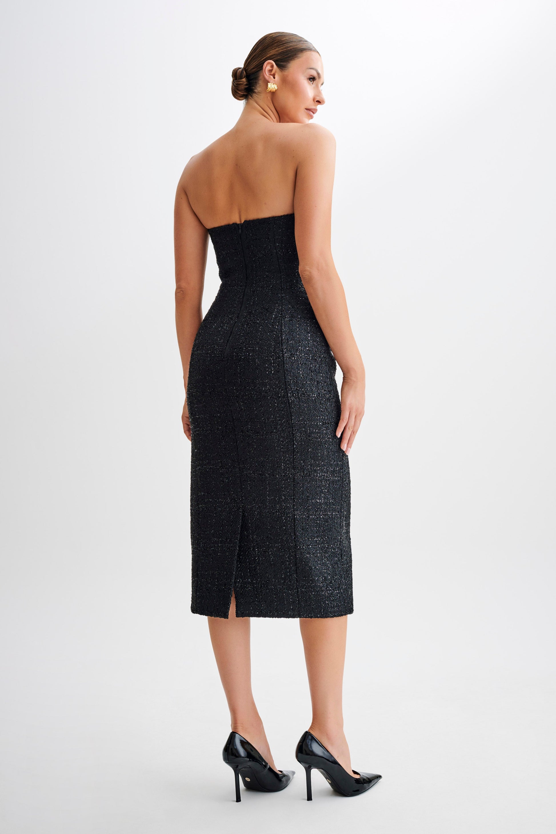 Monet Tweed Strapless Midi Dress - Black #2