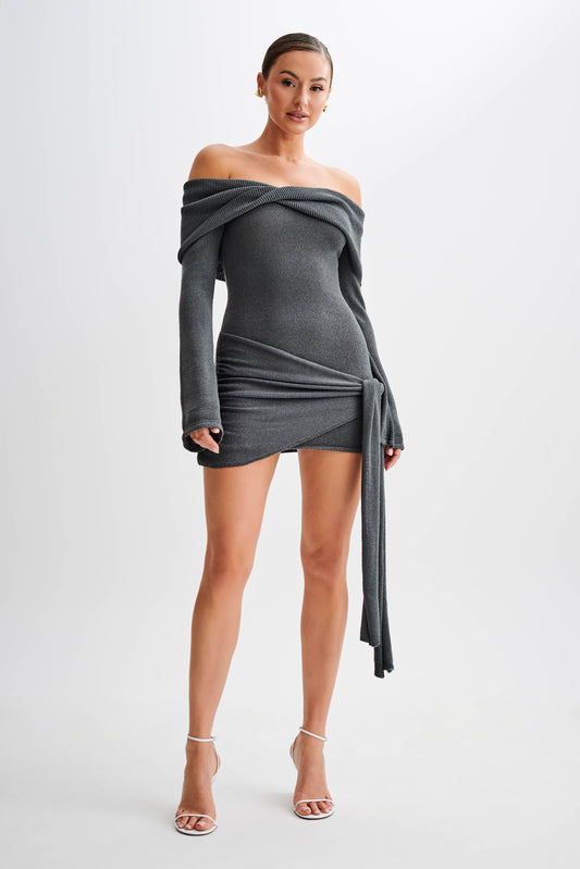 Camryn Off Shoulder Tie Knit Mini Dress - Charcoal