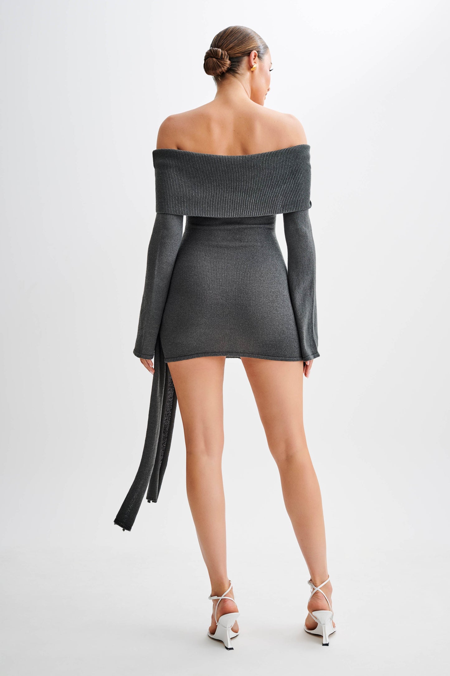 Camryn Off Shoulder Tie Knit Mini Dress - Charcoal