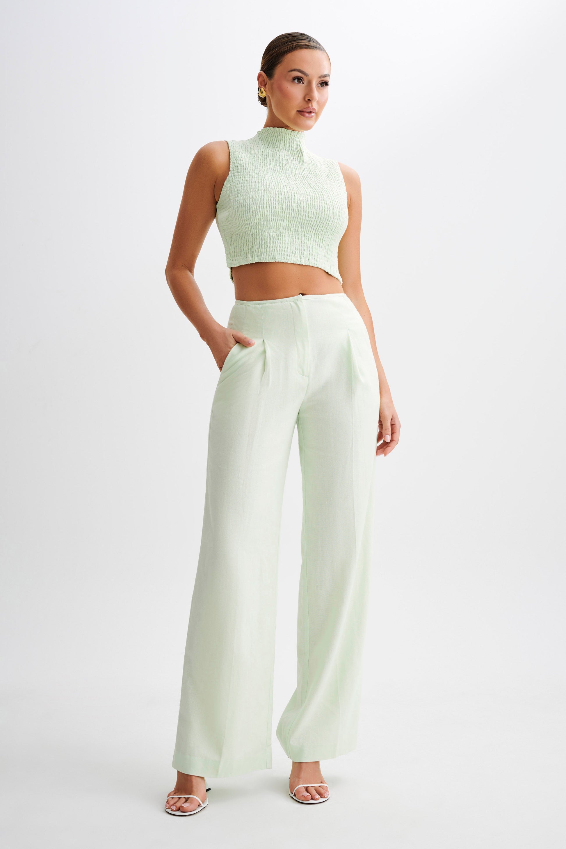 Emanuelle Sleeveless Linen Shirring Top - Mint #4