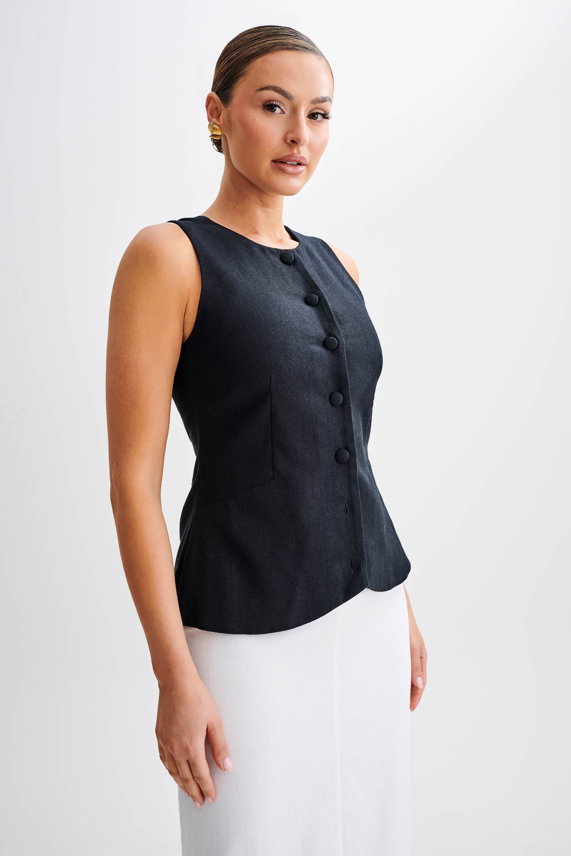 Laurence Sleeveless Linen Longline Top - Black #6