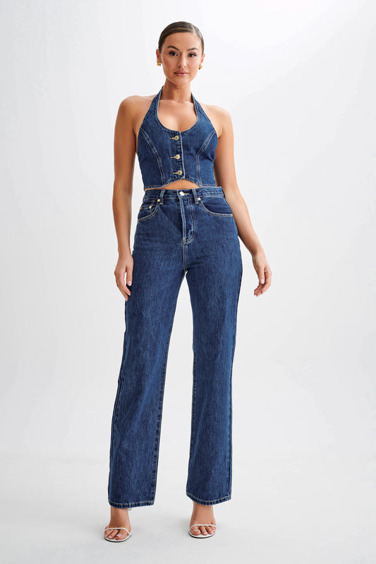 Janine High Waisted Straight Leg Jeans - Dark Blue