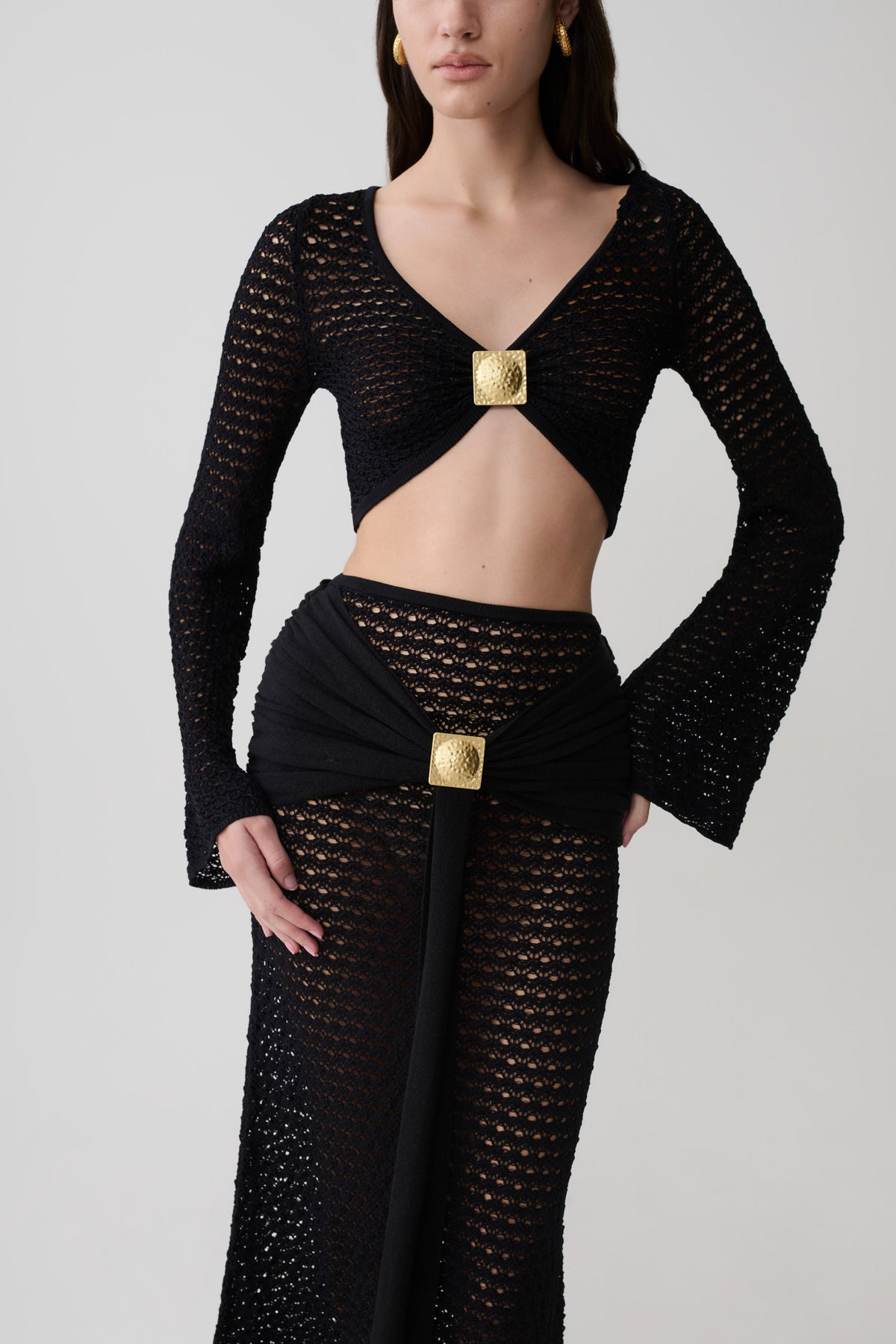 Mania Crochet Long Sleeve Cropped Top - Black #3