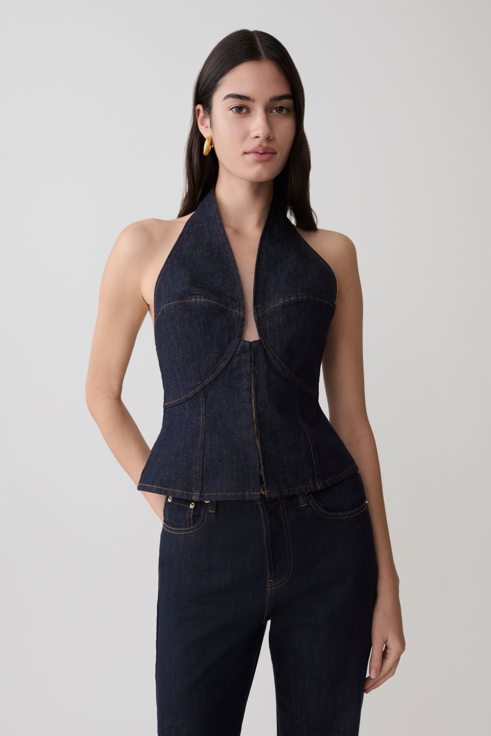 Rema Halter Longline Denim Top - Washed Indigo Blue #3