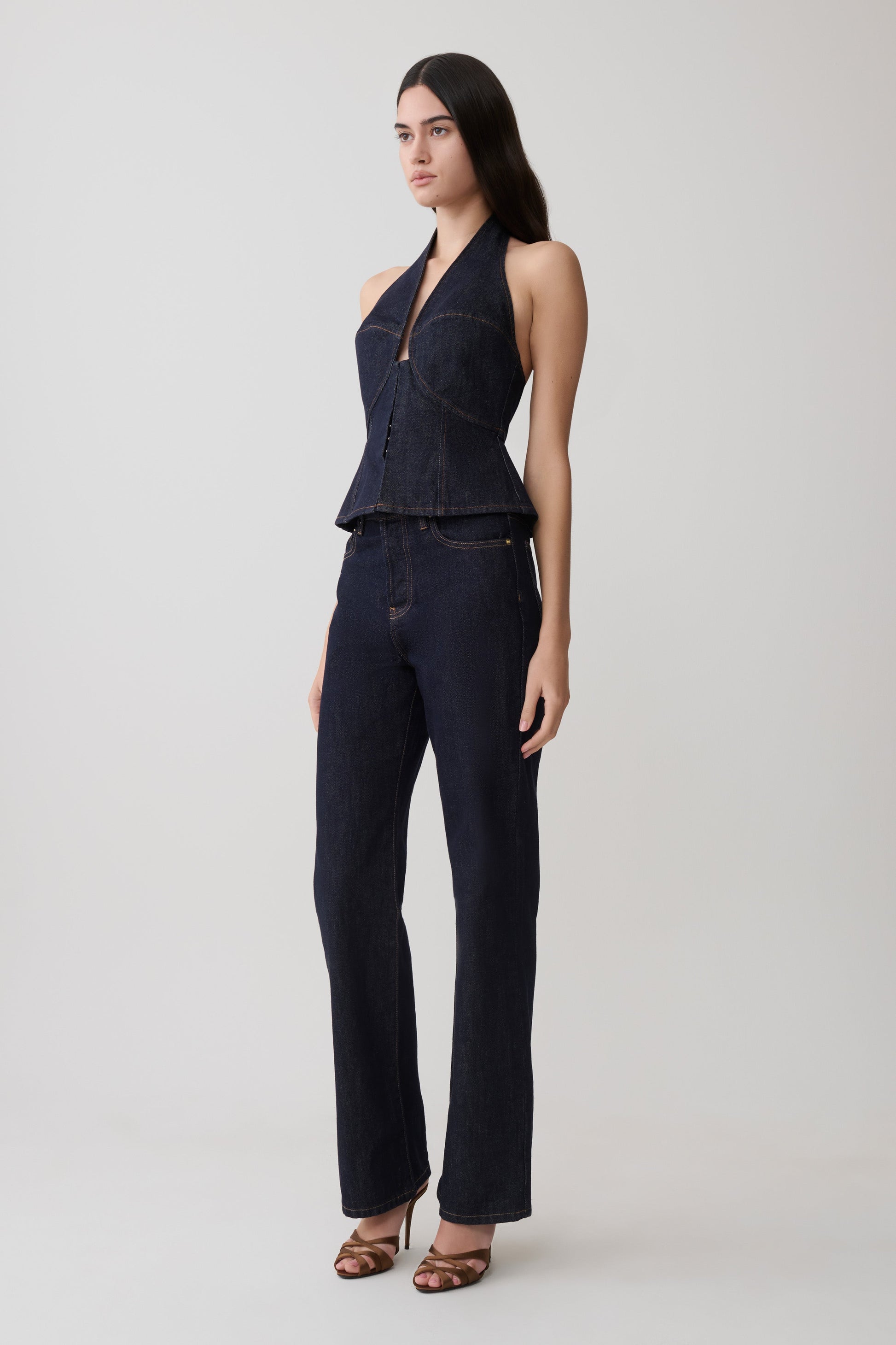 Rema Halter Longline Denim Top - Washed Indigo Blue #4