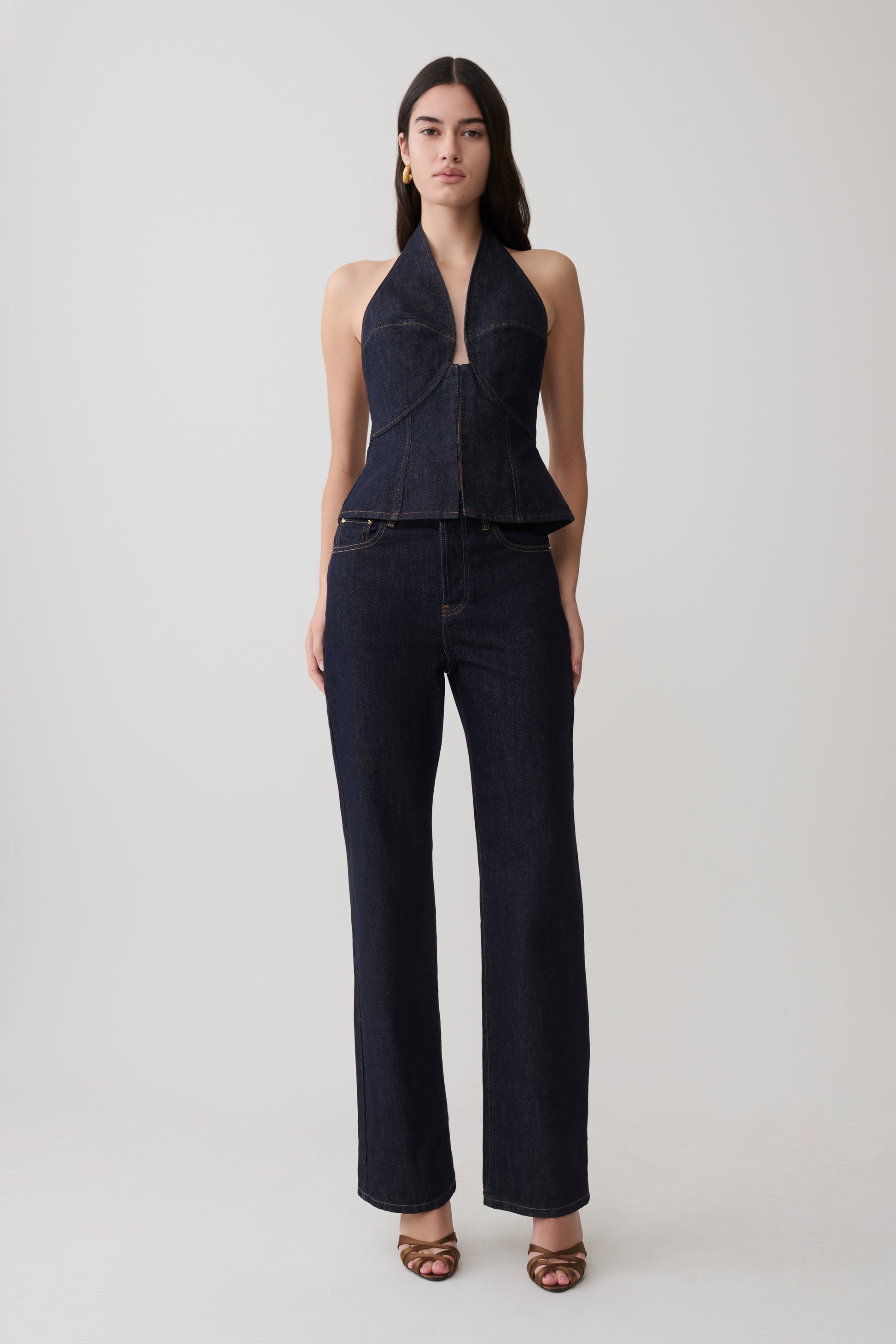 Rema Halter Longline Denim Top - Washed Indigo Blue #6