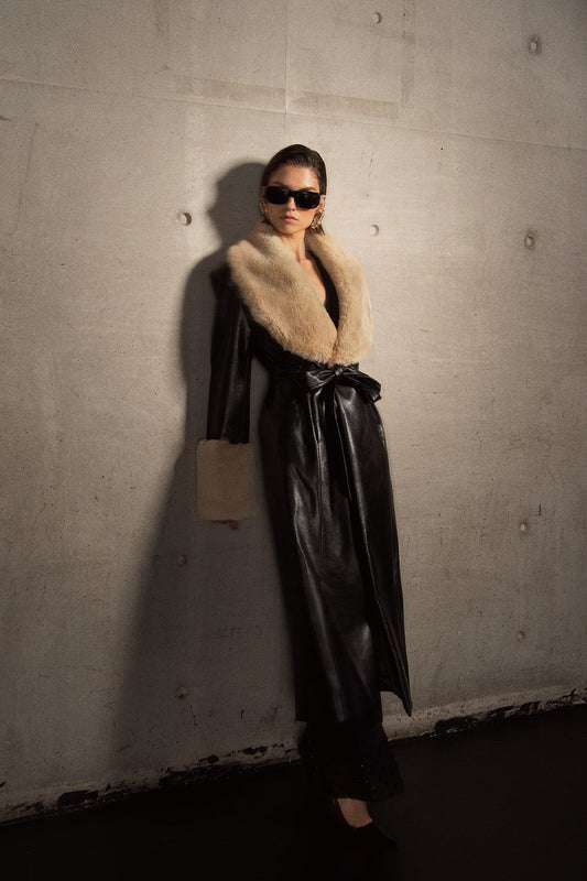 Bec Faux Leather Trench Coat With Faux Fur - Black/Beige