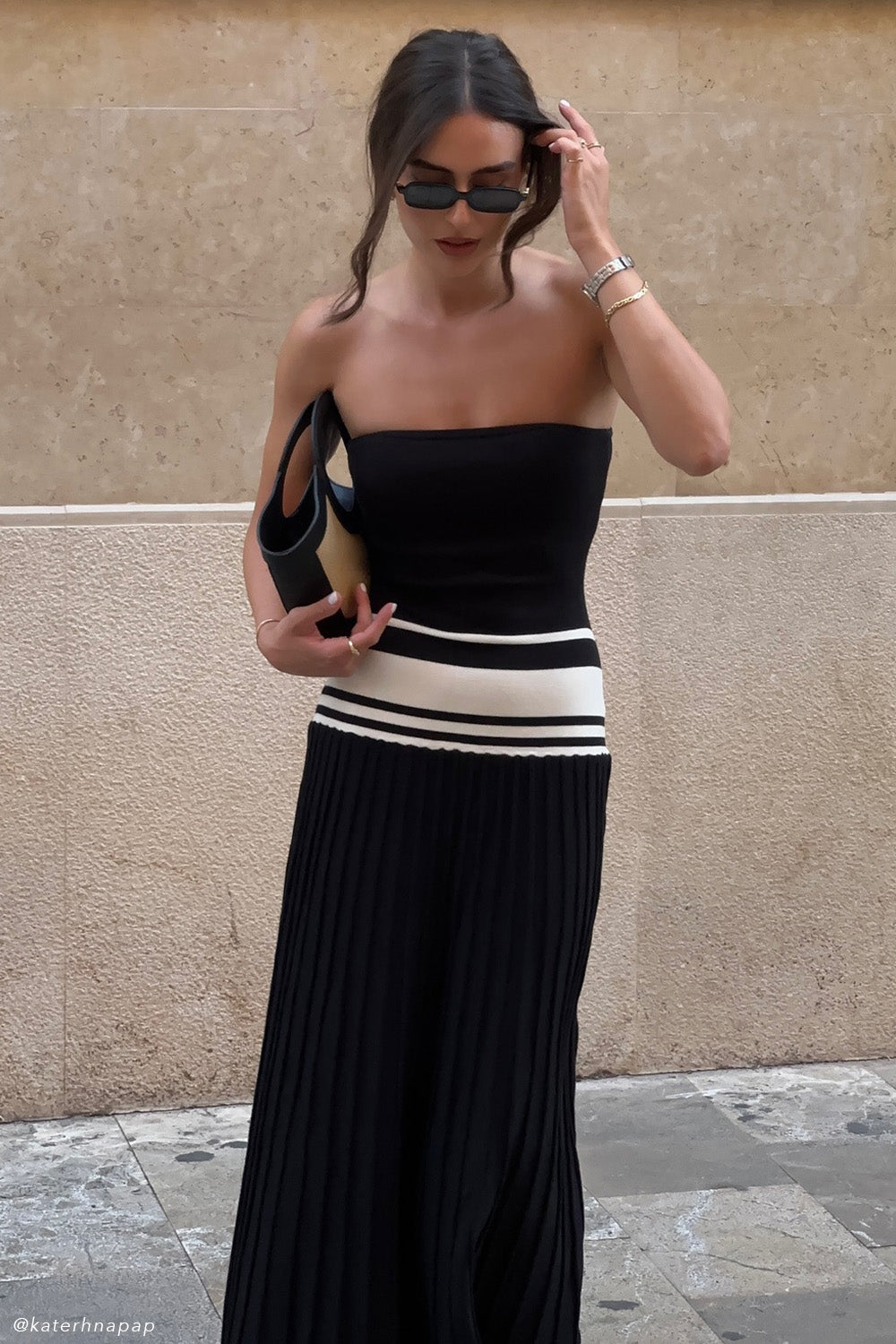 Solaris Strapless Contrast Knit Maxi Dress - Black/White