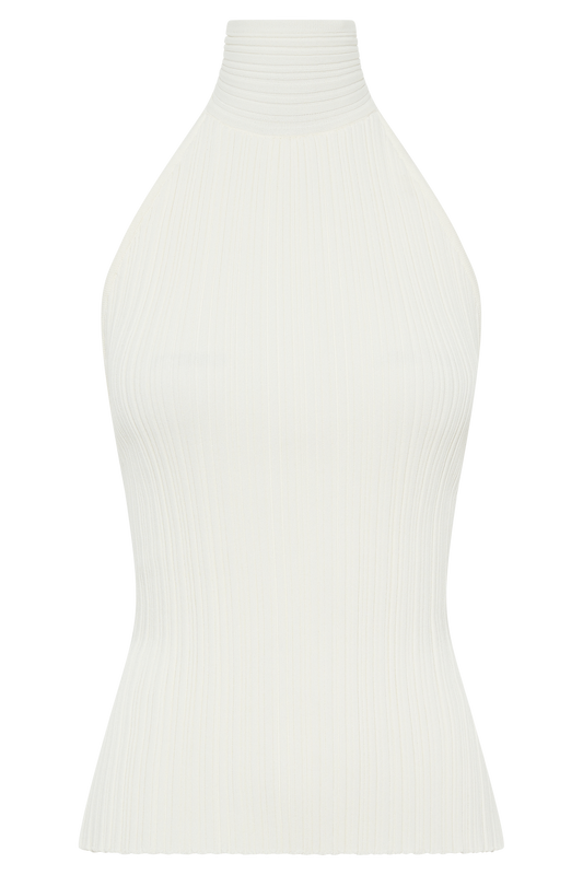 Laila Longline Halter Rib Knit Top - Ivory Marle