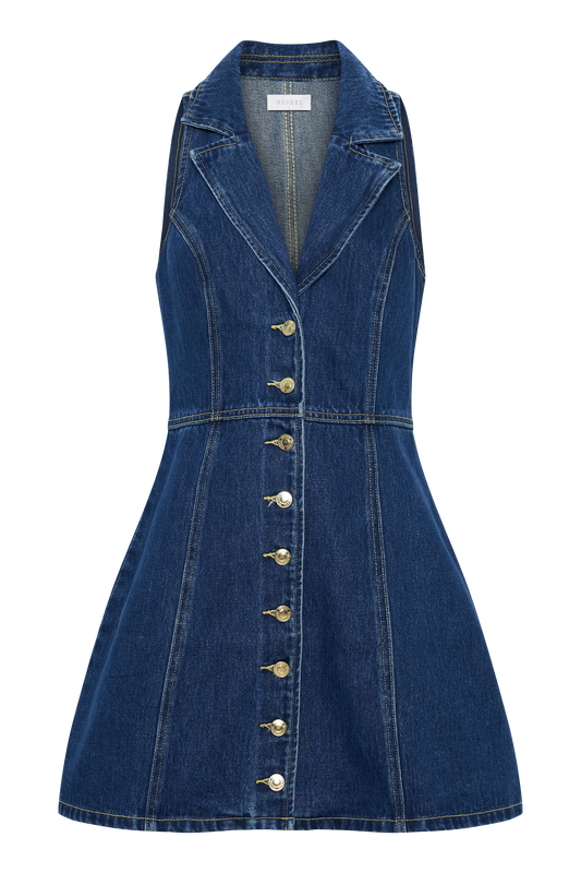 Eugenie Collared Denim Mini Dress - Dark Blue