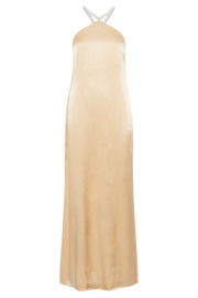 Blanche Satin Pearl Halter Maxi Dress - Peach