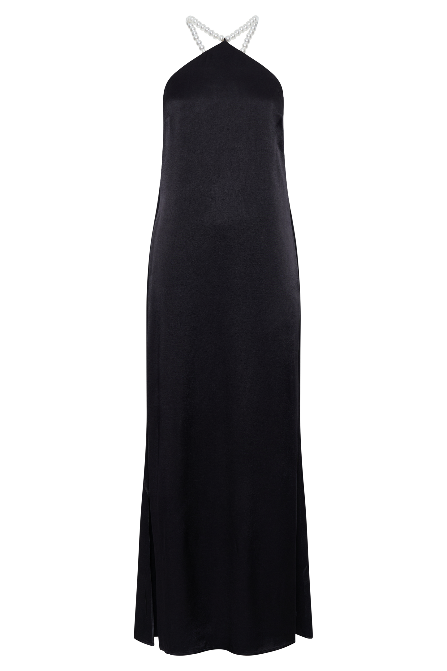 Blanche Satin Pearl Halter Maxi Dress - Black