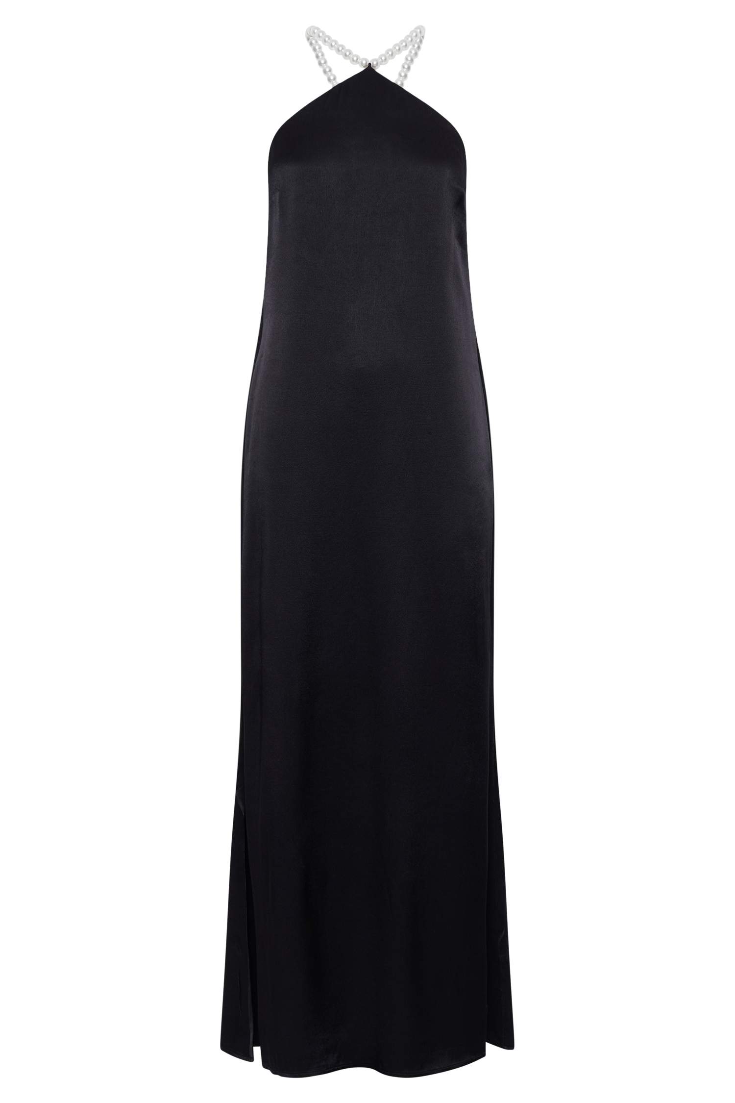 Blanche Satin Pearl Halter Maxi Dress - Black #9