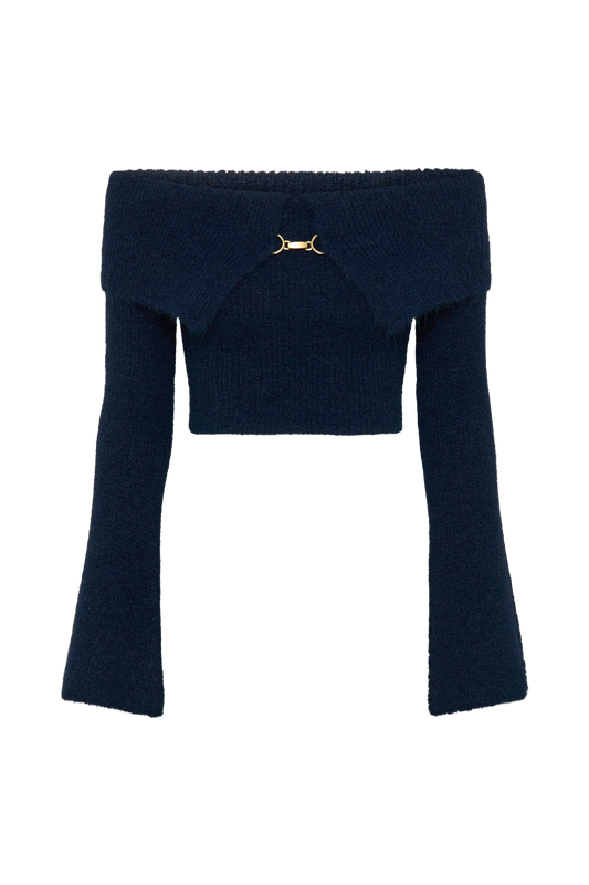 Baxter Off Shoulder Fluffy Knit Top - Navy