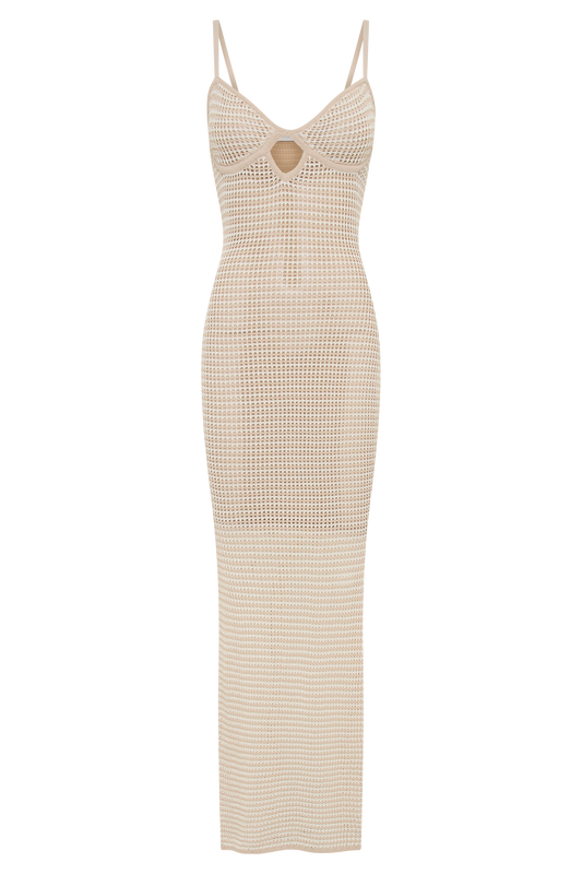 Jeannie Stripe Cupped Knit Maxi Dress - Tan/White