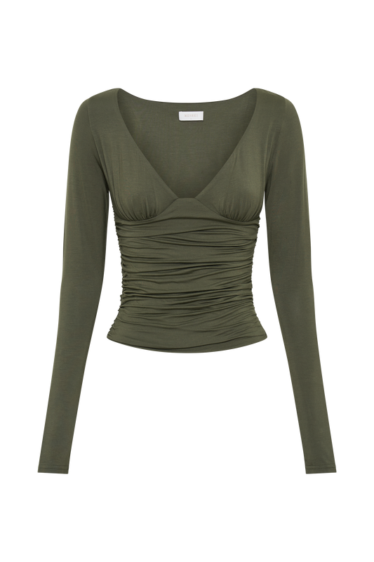 Sutton Ruched Long Sleeve Top - Military Olive