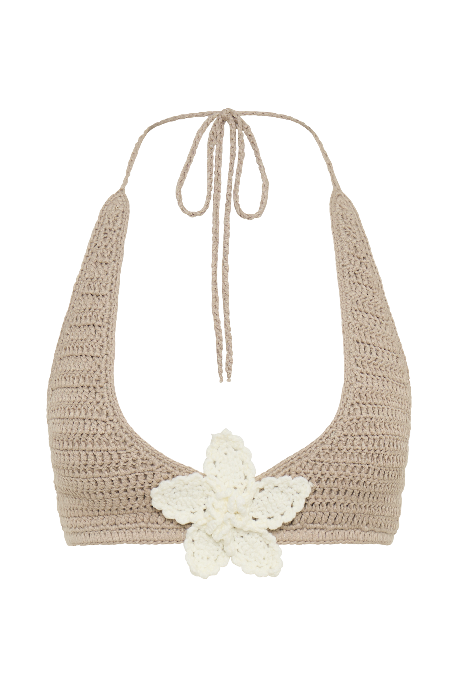 Rhiannon Floral Crochet Halter Bikini Top - Taupe/White #12