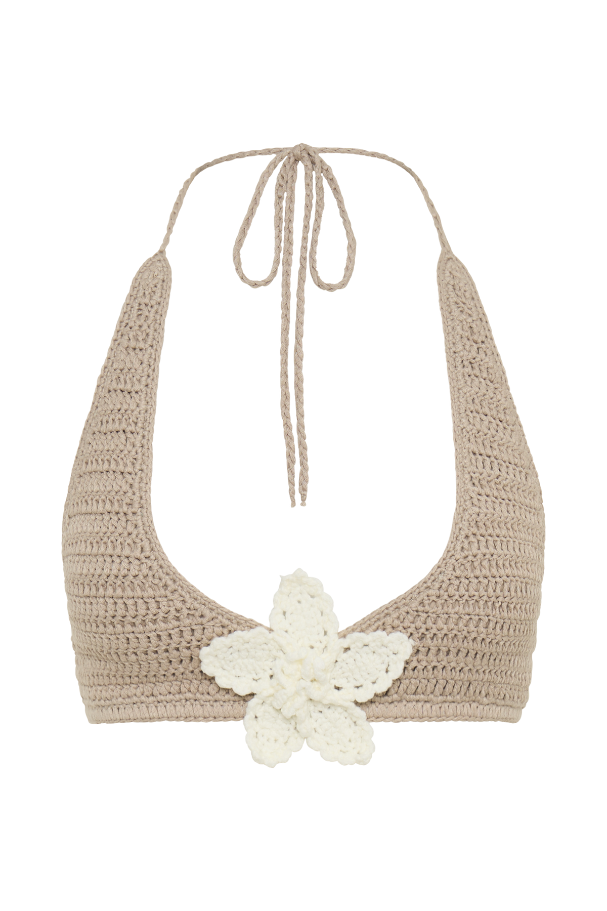 Rhiannon Floral Crochet Halter Bikini Top - Taupe/White #12