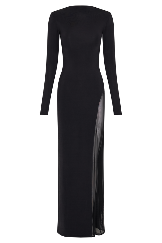 Andretti Slinky Long Sleeve Maxi Dress With Mesh - Black