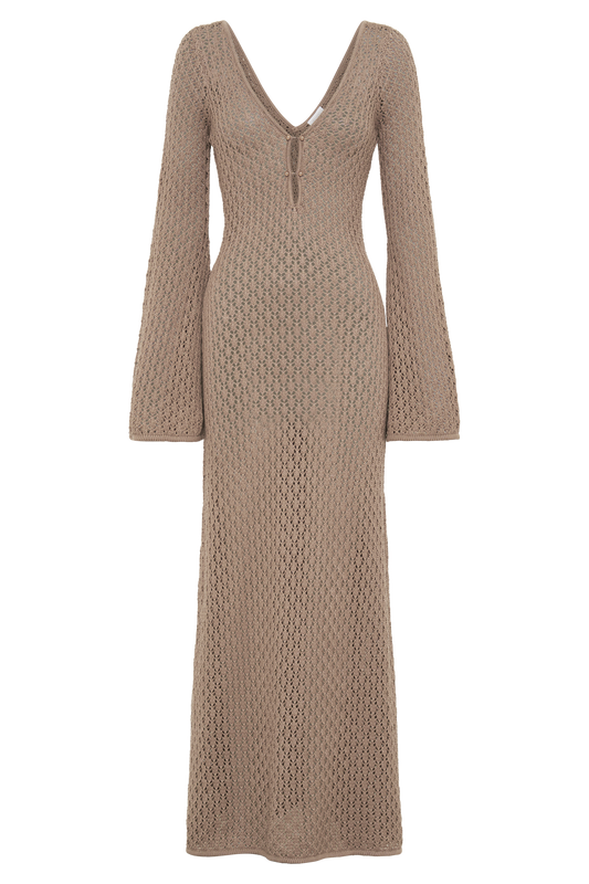 Kayleigh Crochet Fishtail Flare Sleeve Maxi Dress - Taupe