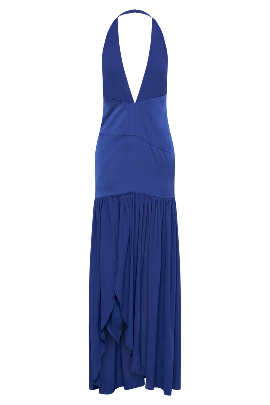 Graziana Satin Chiffon Plunge Maxi Dress - Cobalt Blue