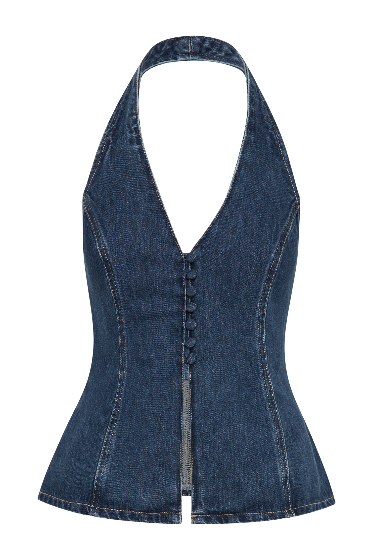 India Button Front Halter Denim Longline Top - Dark Blue #10