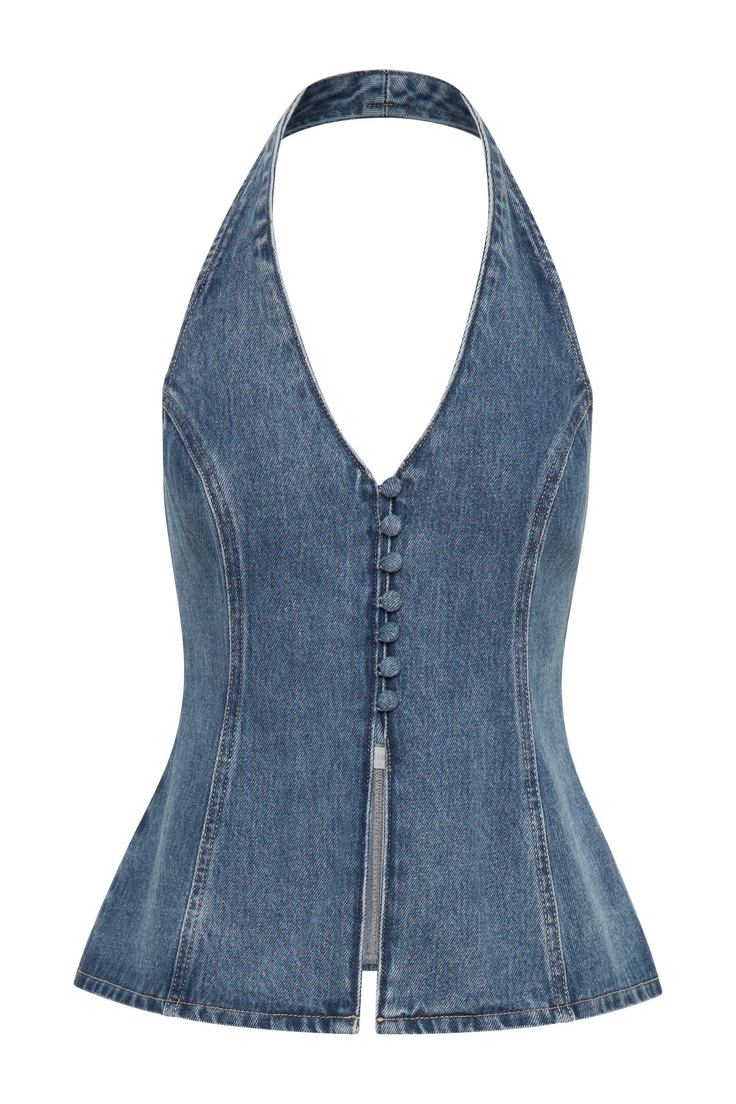 India Button Front Halter Denim Longline Top - Washed Mid Blue #11