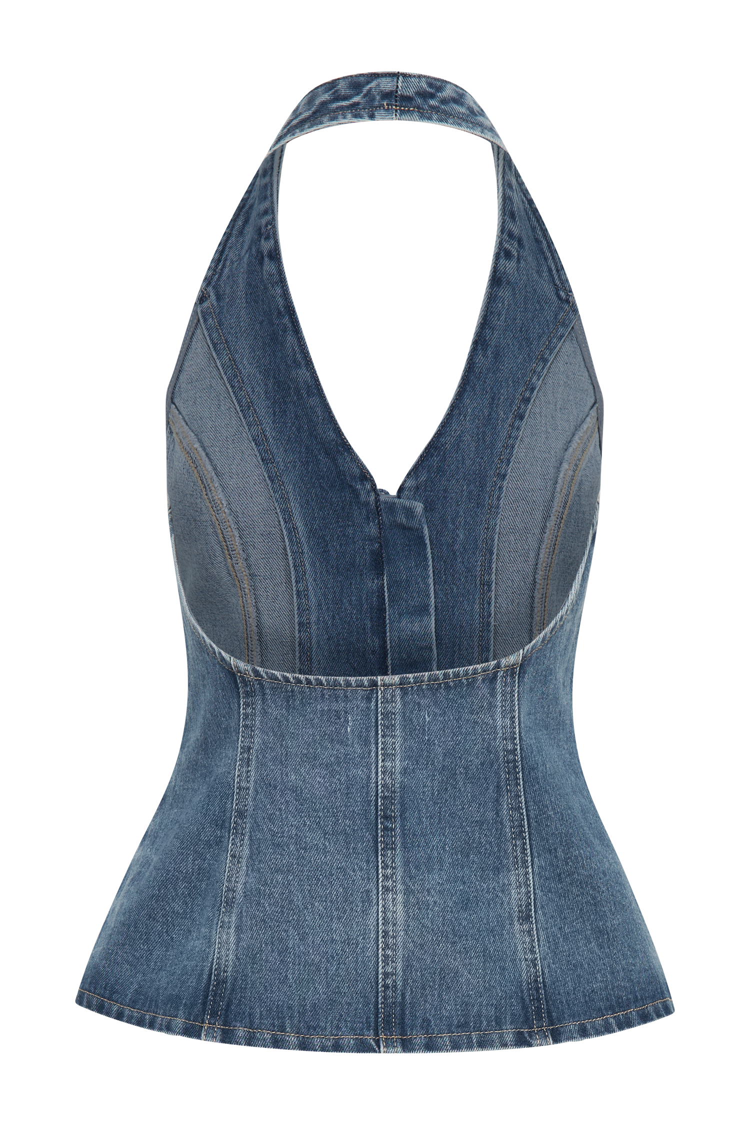 India Button Front Halter Denim Longline Top - Washed Mid Blue #10