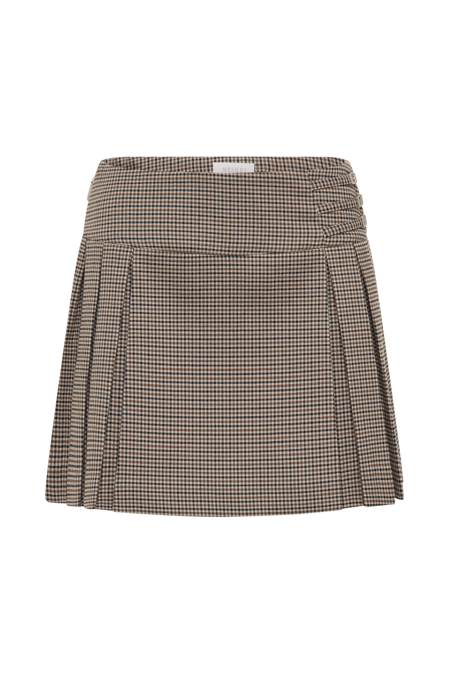 Angie Pleated Buckle Mini Skirt - Tan Check