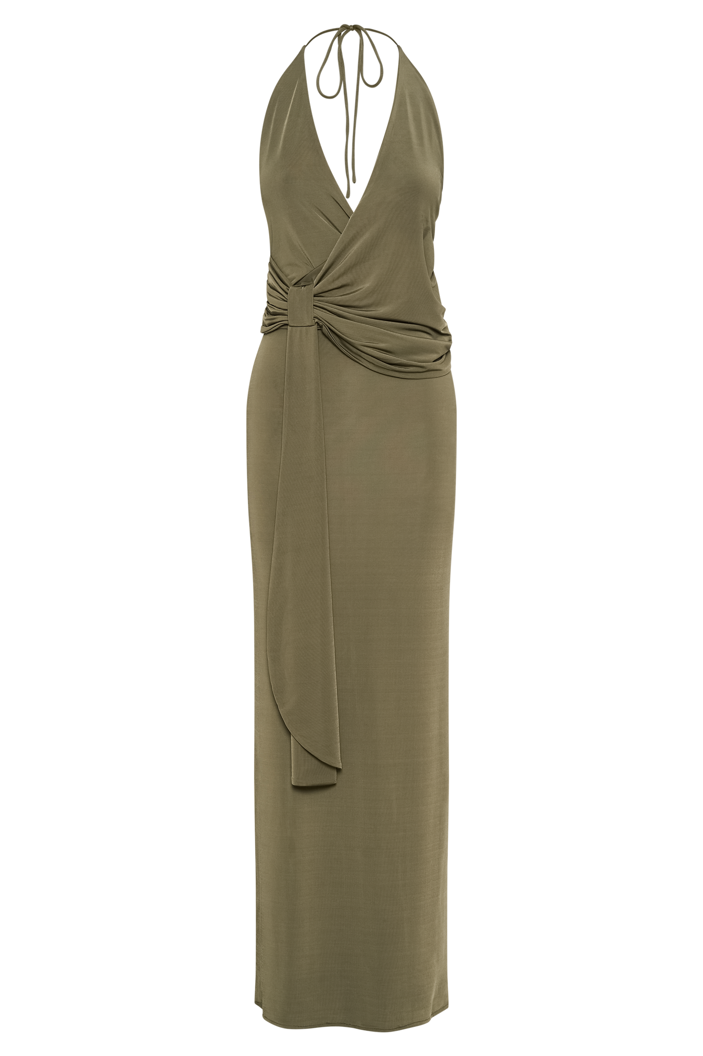 Tyla Draped Slinky Halter Maxi Dress - Dark Olive