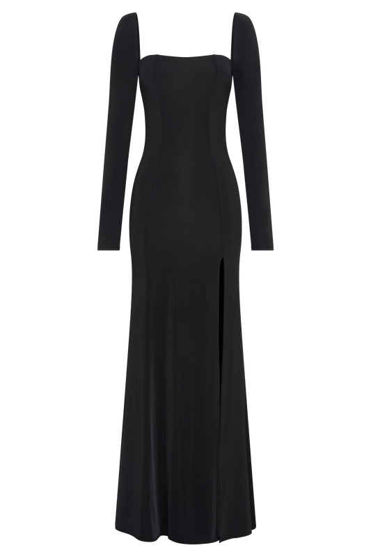 Desirie Slinky Long Sleeve Maxi Dress With Split - Black