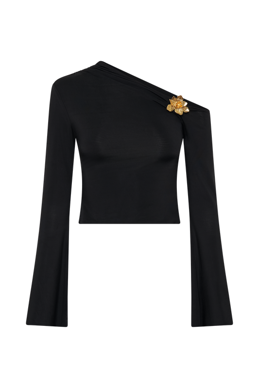 Ainsley Asymmetrical Long Sleeve Top With Floral Hardware - Black