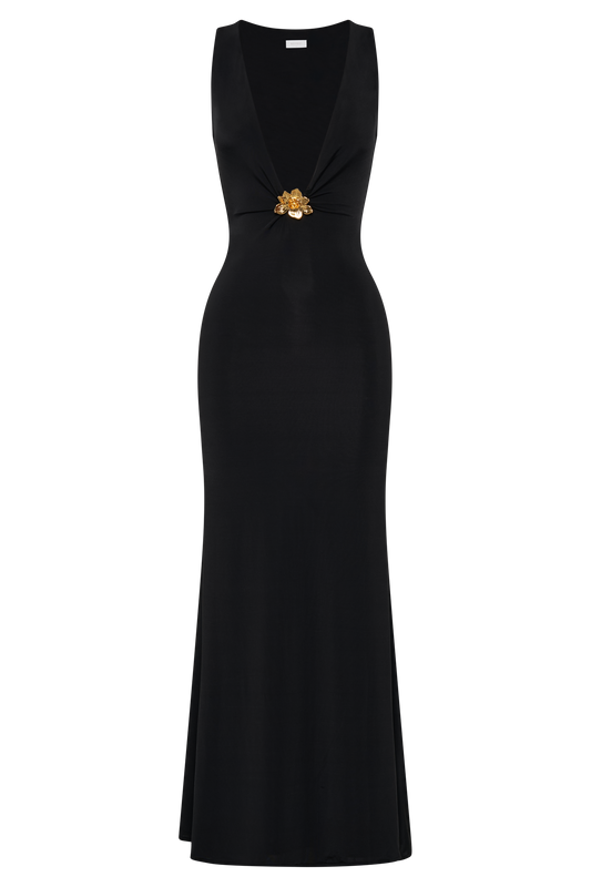 Beck Plunge Maxi Dress With Floral Hardware - Black