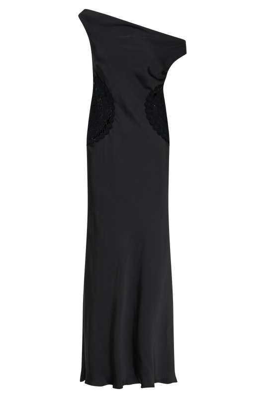 Kristina Satin Maxi Dress With Crochet - Black