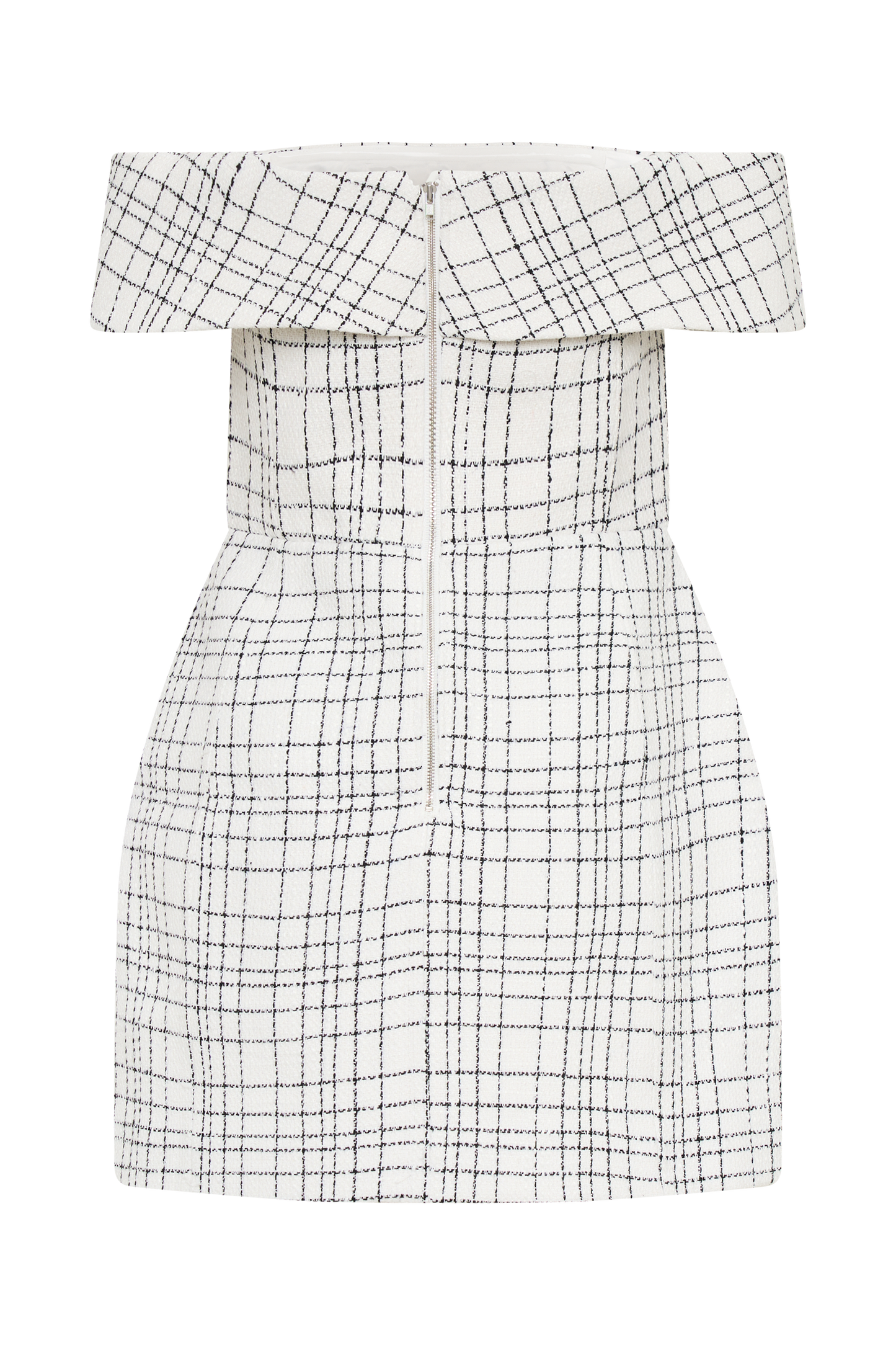 Helena Tweed Off Shoulder Mini Dress - White Check