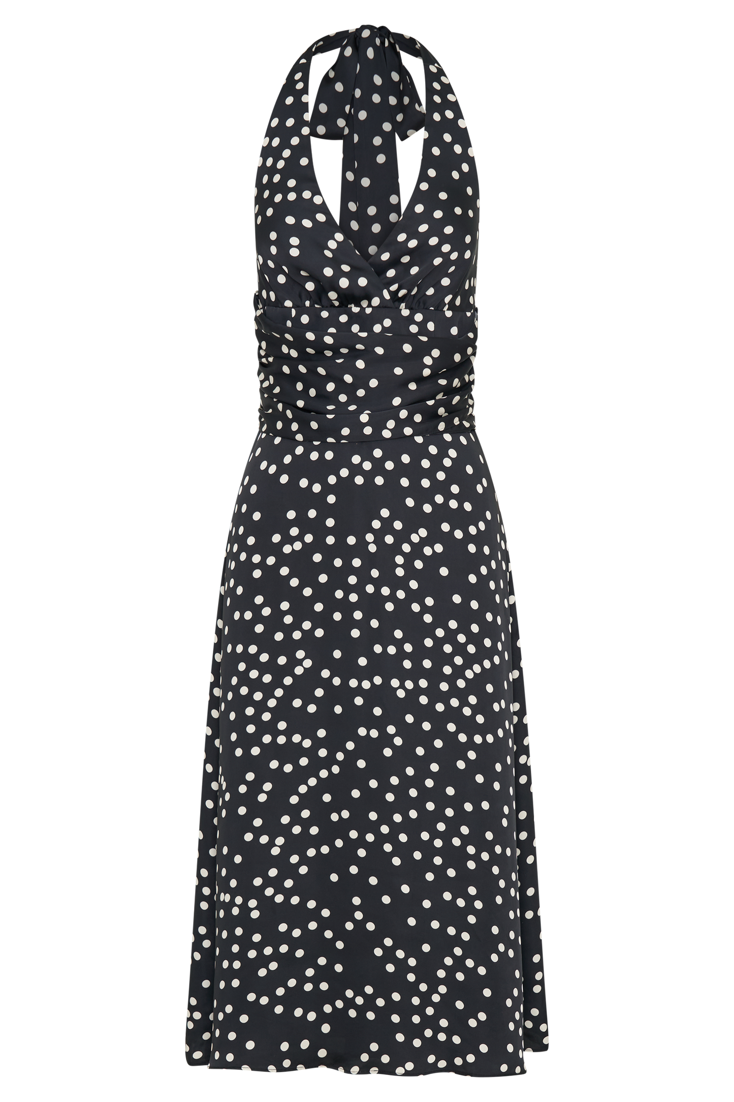 Marguerite Satin Halter Midi Dress Black Polka Dot Print MESHKI UK