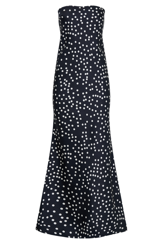 Claudette Strapless Satin Maxi Dress - Black Polka Dot Print