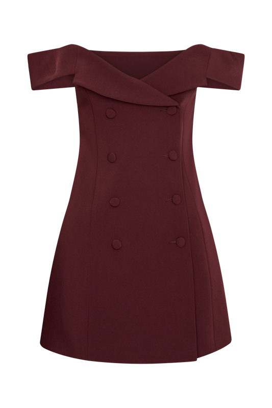 Noelle Off Shoulder Suiting Mini Dress - Mahogany