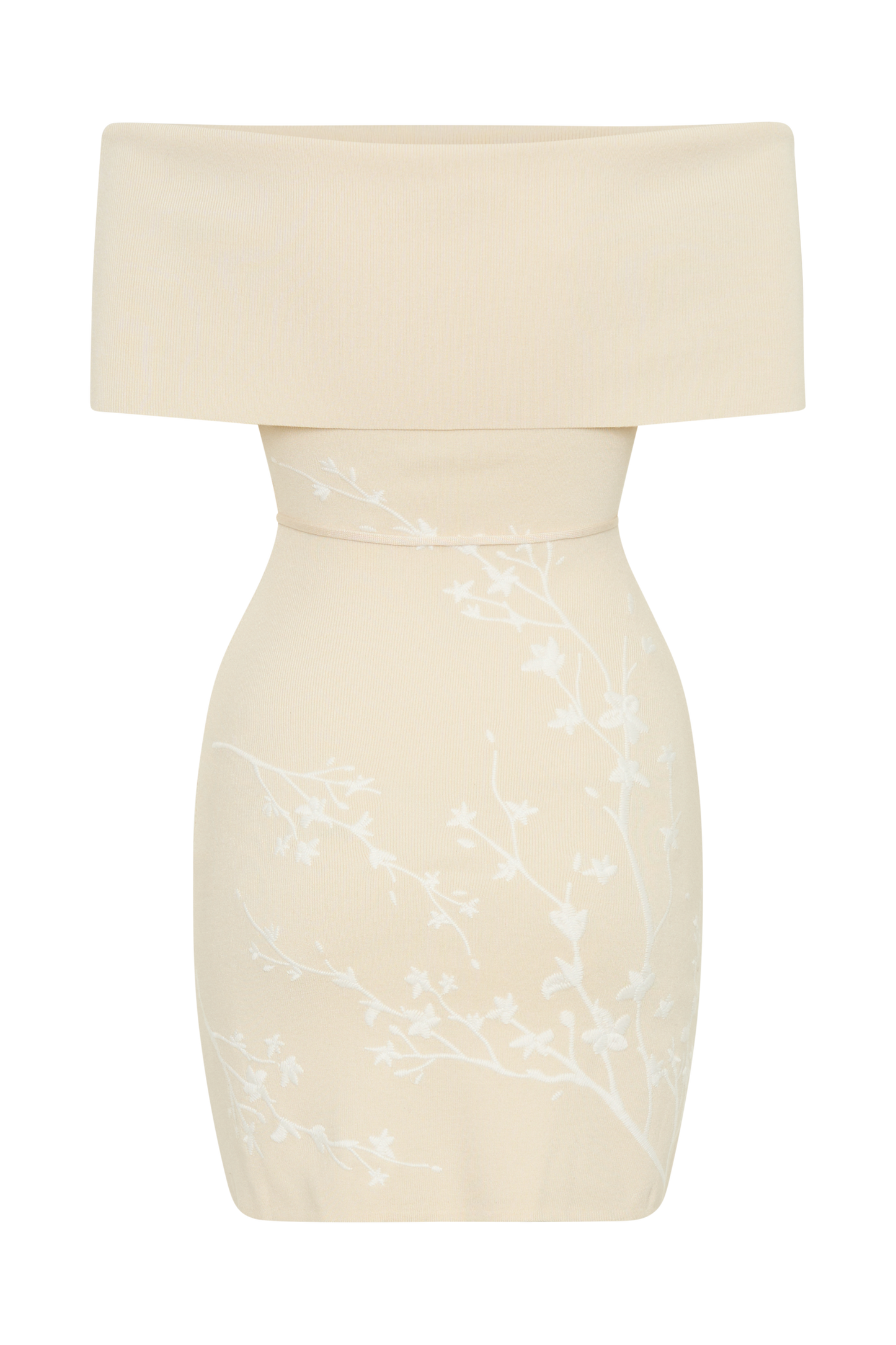 Mallory Off Shoulder Embroidered Knit Mini Dress - Cream And Ivory