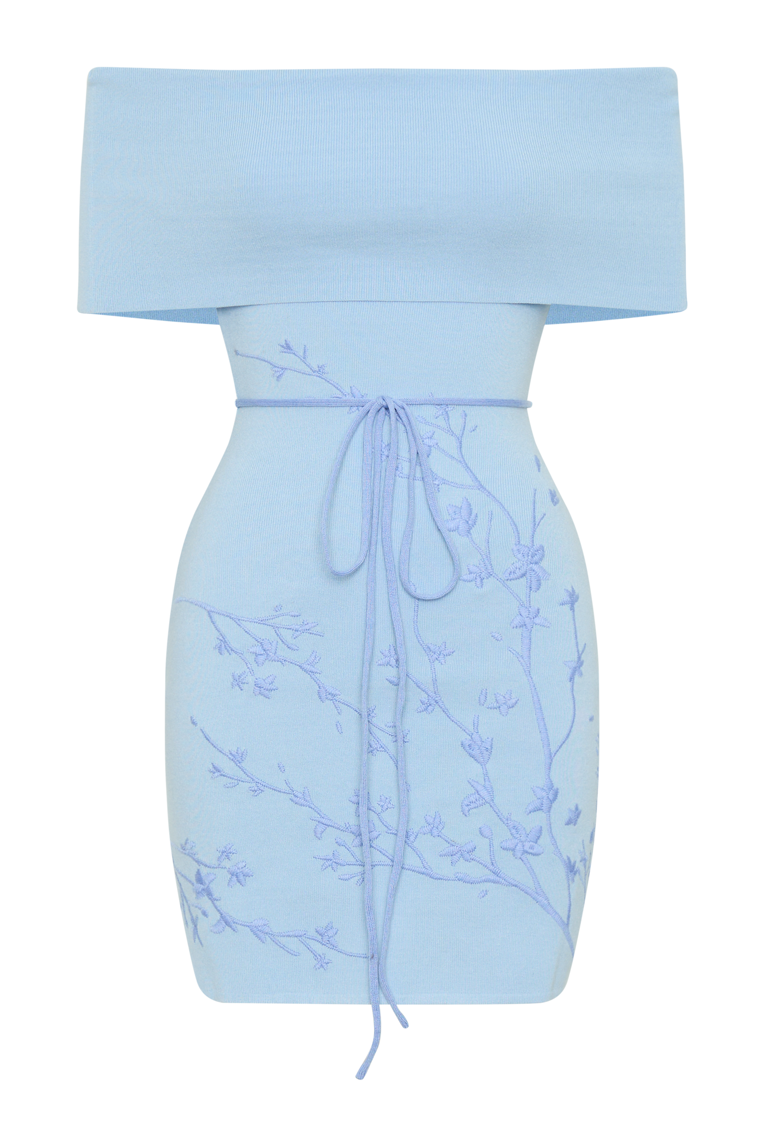 Mallory Off Shoulder Embroidered Knit Mini Dress - Ice Blue #10