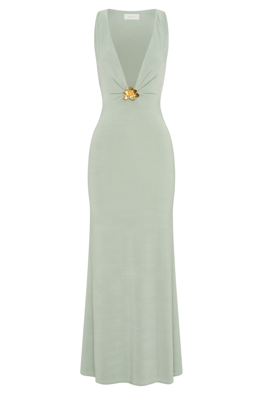 Beck Plunge Maxi Dress With Floral Hardware - Basil