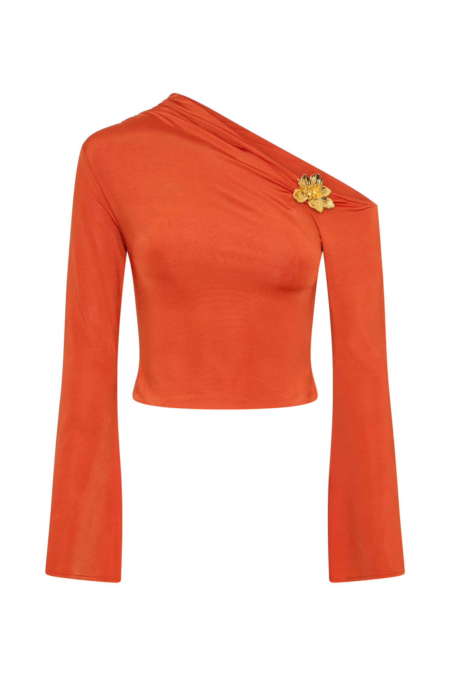 Ainsley Asymmetrical Long Sleeve Top With Floral Hardware - Burnt Orange #8