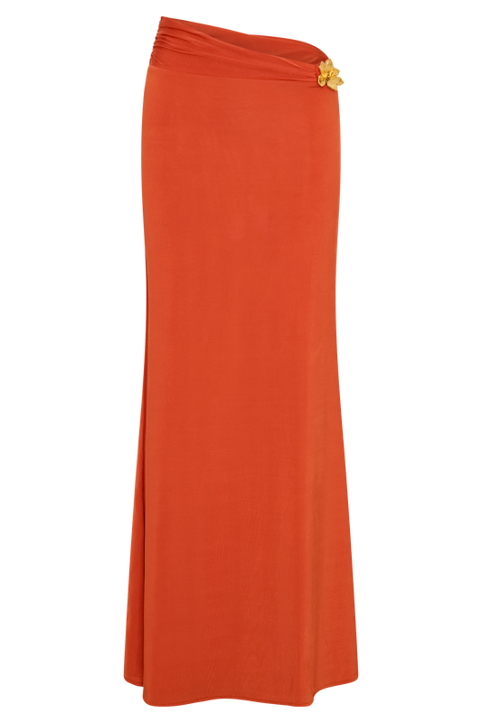 Ainsley Asymmetrical Maxi Skirt With Floral Hardware - Burnt Orange