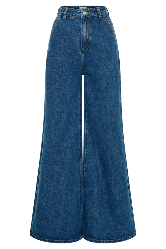 Jen Wide Leg Flare Denim Jeans - Dark Blue