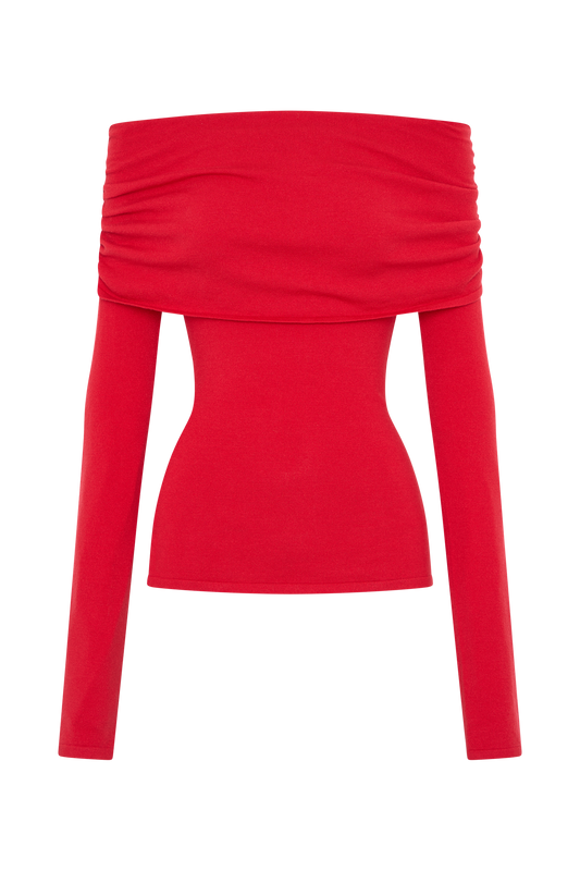 Polly Off Shoulder Long Sleeve Knit Top - Red