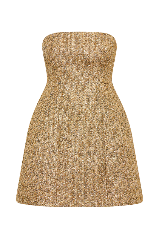 Gala Strapless Tweed Mini Dress - Gold