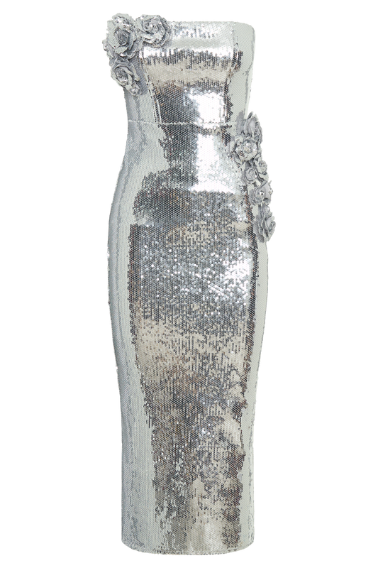 Cassia Strapless Sequin Rose Midi Dress - Silver