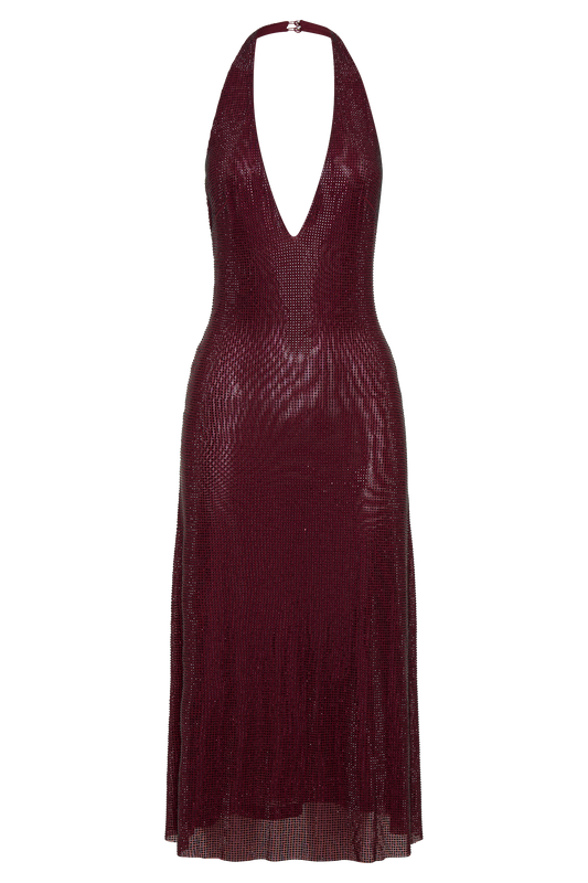 Genie Diamante Halter Midi Dress - Mahogany