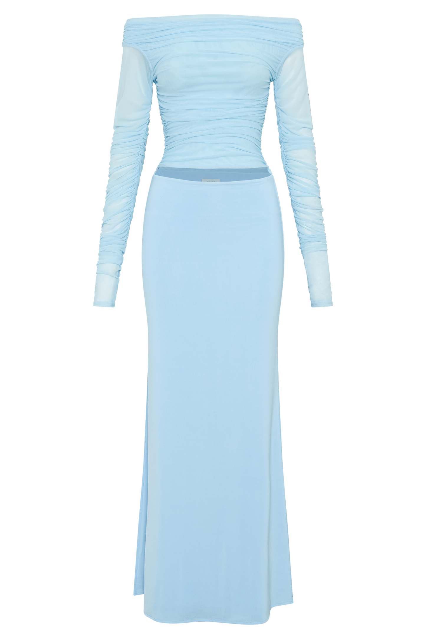 Darla Mesh And Slinky Off Shoulder Maxi Dress - Sky Blue