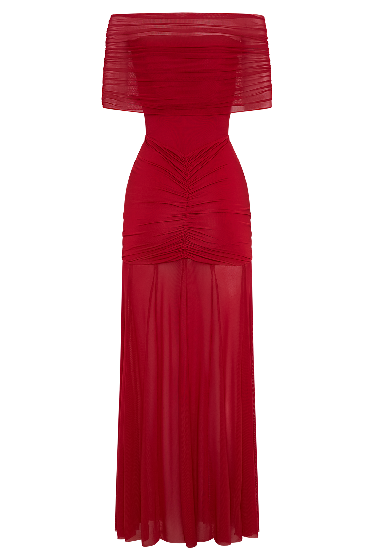 Caspian Slinky And Mesh Off Shoulder Maxi Dress - Ruby